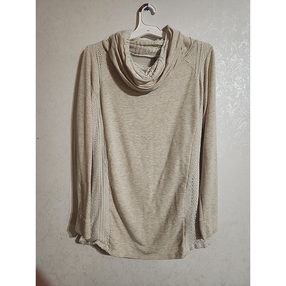 Vanity Womens Cowl Neck Sweater Lace sz XL Tunic Cream Gray